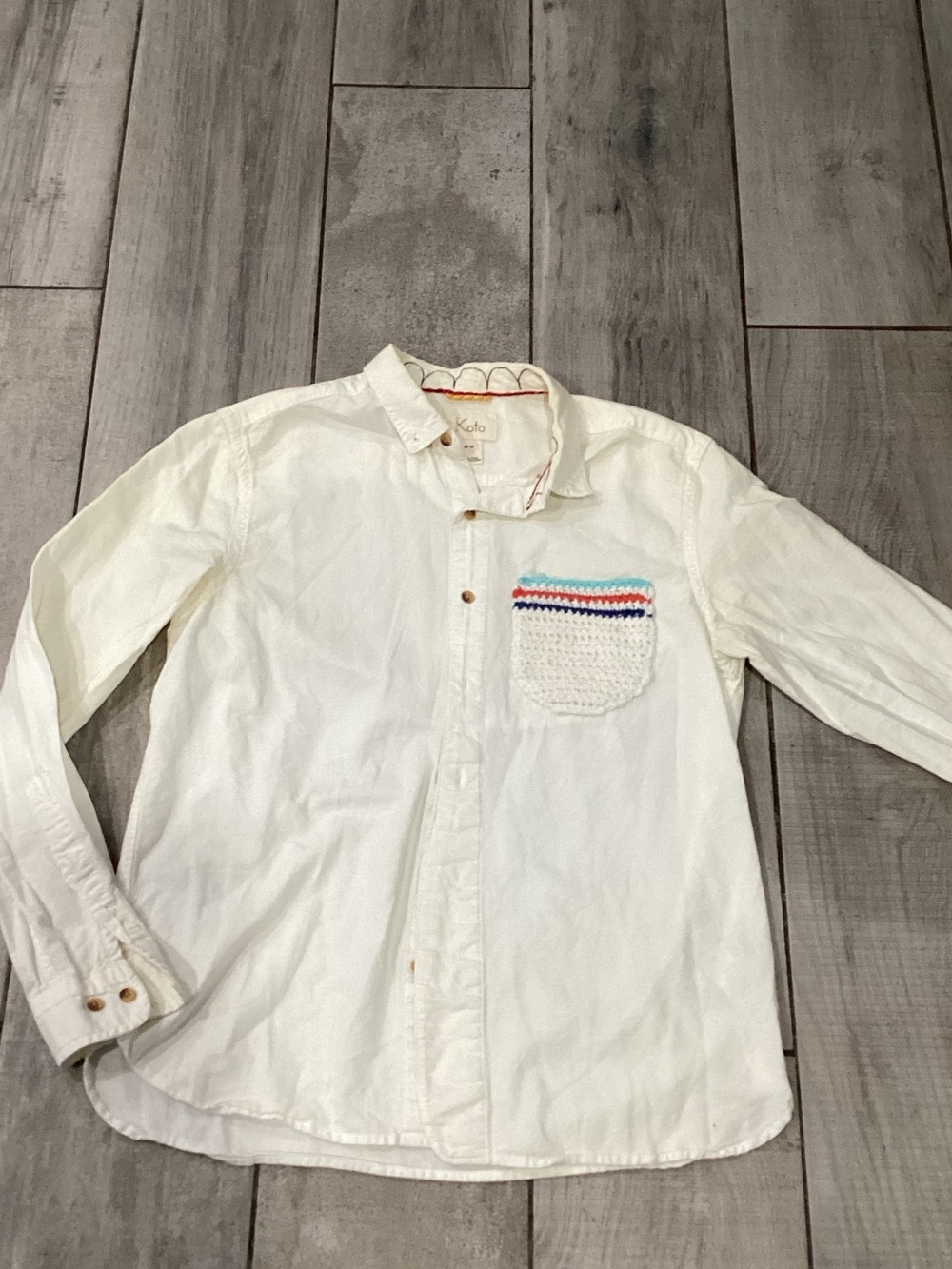 Koto White Button-Down Shirt with Crocheted Pocket size med has 2small stains